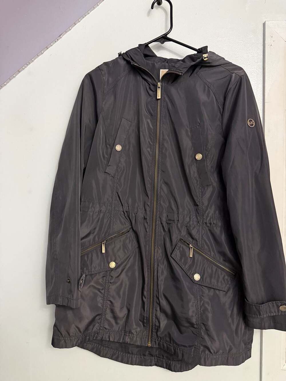 Michael Kors Hooded Anorak Coat Size M Black Water Resistant Gold Accents